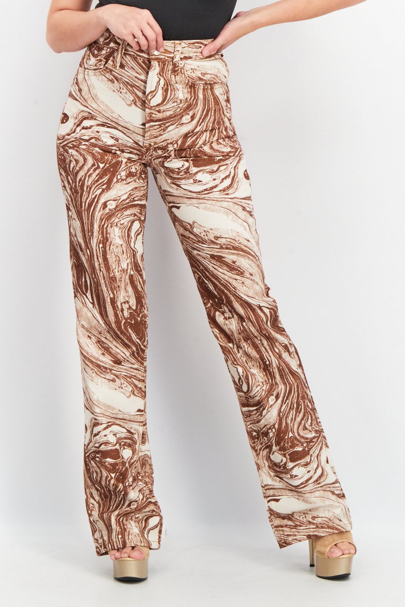 TOPSHOP Women Marble Print Wide Leg Non Stretchable Denim Jeans, Brown - Image 1