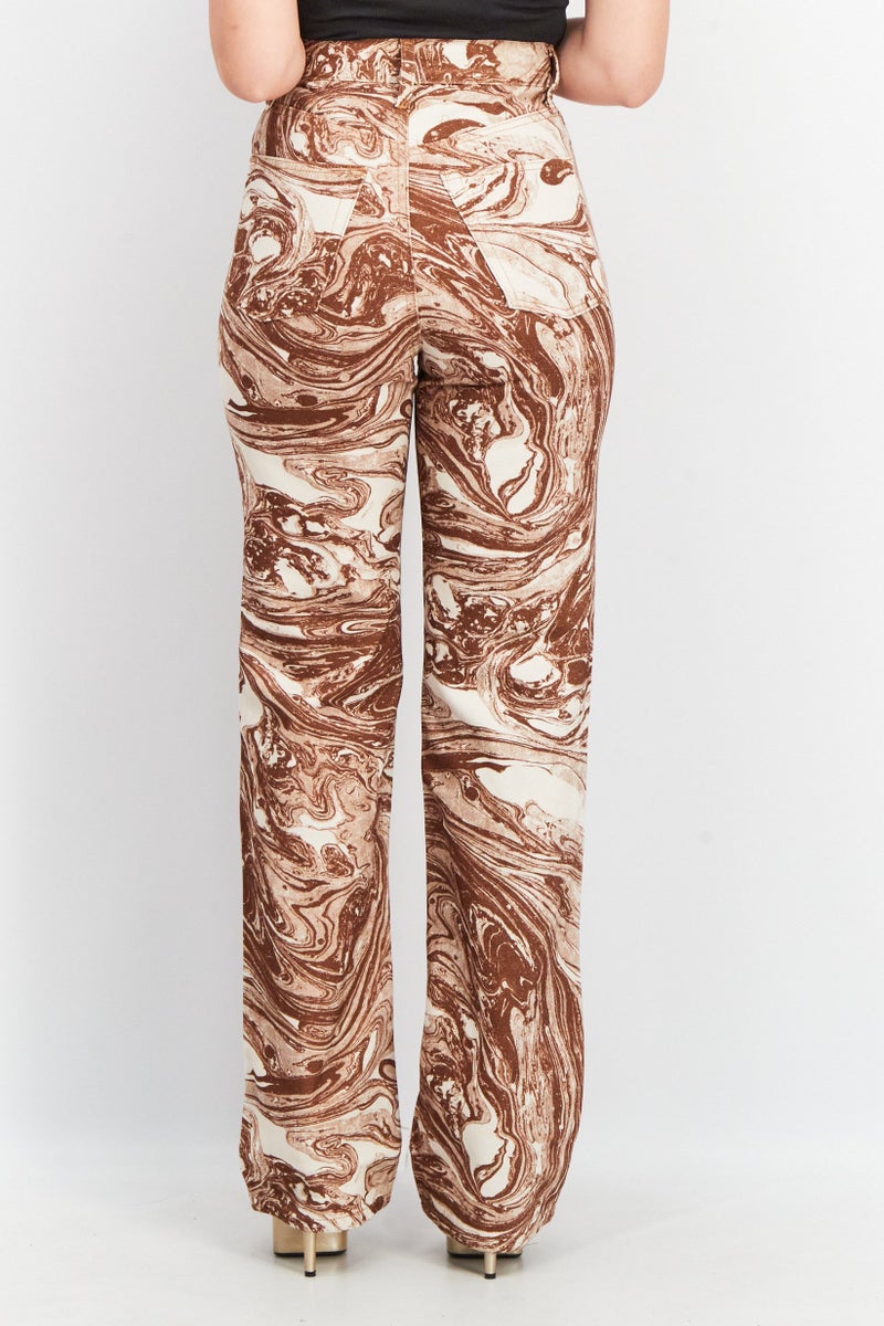TOPSHOP Women Marble Print Wide Leg Non Stretchable Denim Jeans, Brown - Image 4
