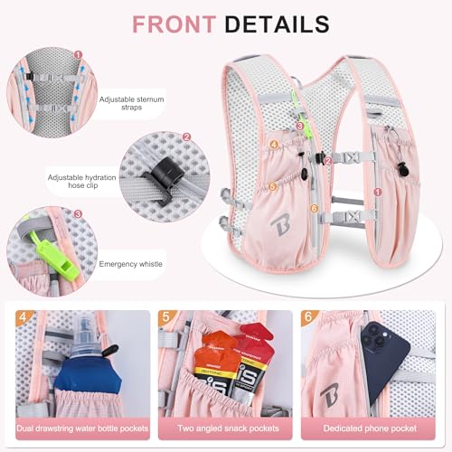 BECOJADDE Running Vest Hydration Backpack with One 15L Water Bag for Men Women 5L Lightweight Running Backpack Hydration for Marathon Trail Cycling Hiking Jogging Pink - Image 3