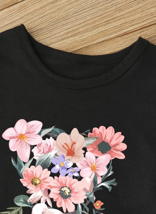 Take Two Take Two Girls Black Floral Bear Graphic T-Shirt