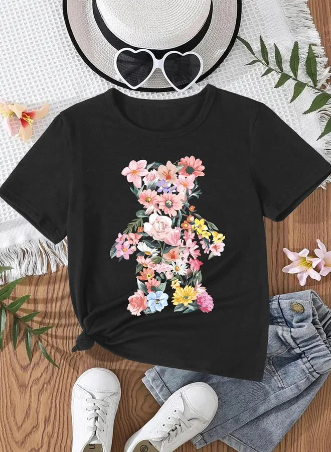 Take Two Take Two Girls Black Floral Bear Graphic T-Shirt