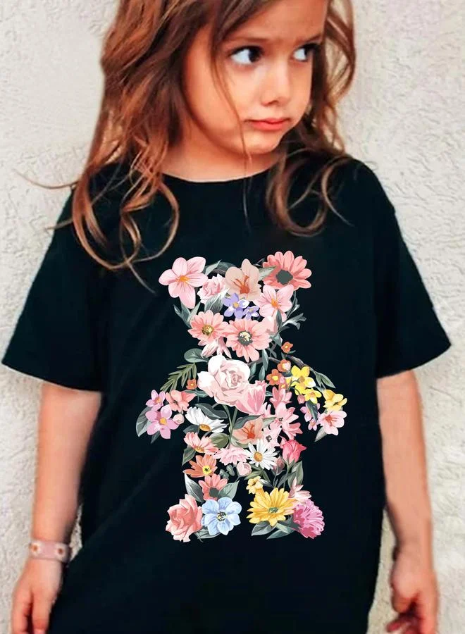 Take Two Take Two Girls Black Floral Bear Graphic T-Shirt