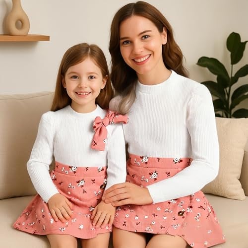 TITKKOP Toddler Girl Plaid Outfits Fall Winter Dress Knit Ribbed Bow Sweatshirt Tops and Button Fashion Skirts Set（pink+flower,3T - Image 4