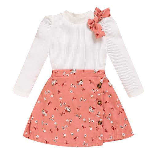 TITKKOP Toddler Girl Plaid Outfits Fall Winter Dress Knit Ribbed Bow Sweatshirt Tops and Button Fashion Skirts Set（pink+flower,3T - Image 1