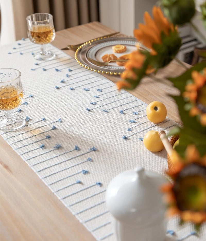 Caflife Boho Table Runner 13 x 108 Inch Long Natural Cotton Woven Runner with Tassels for Home Dining Table décor, for Modern Farmhouse Decor Coffee Table Runner, Light Blue and Beige - Image 4