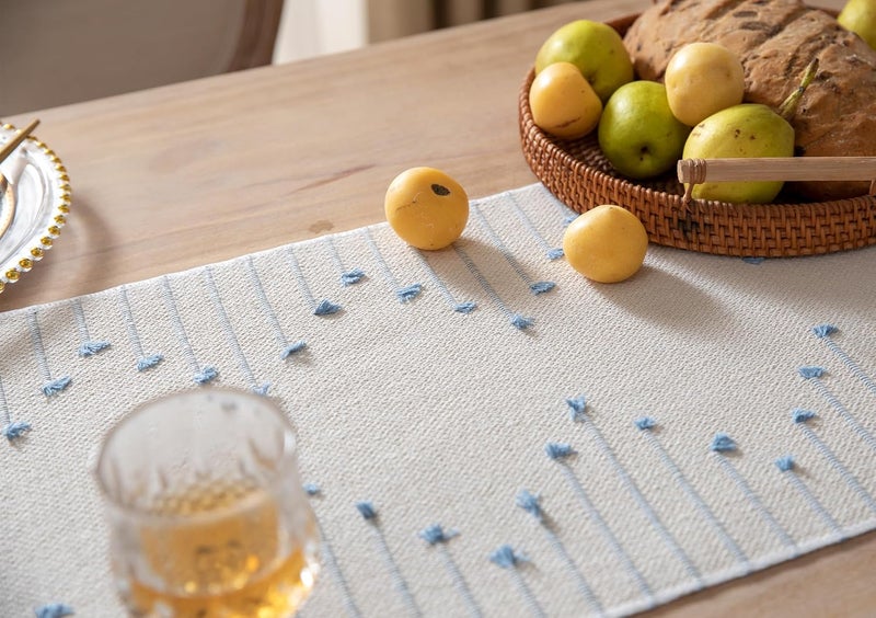 Caflife Boho Table Runner 13 x 108 Inch Long Natural Cotton Woven Runner with Tassels for Home Dining Table décor, for Modern Farmhouse Decor Coffee Table Runner, Light Blue and Beige - Image 3