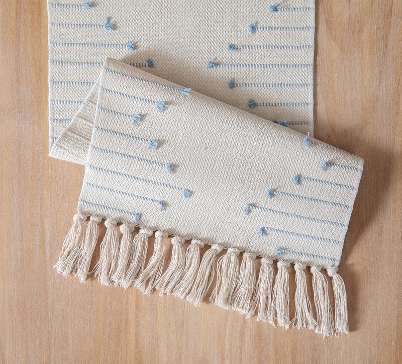 Caflife Boho Table Runner 13 x 108 Inch Long Natural Cotton Woven Runner with Tassels for Home Dining Table décor, for Modern Farmhouse Decor Coffee Table Runner, Light Blue and Beige - Image 5