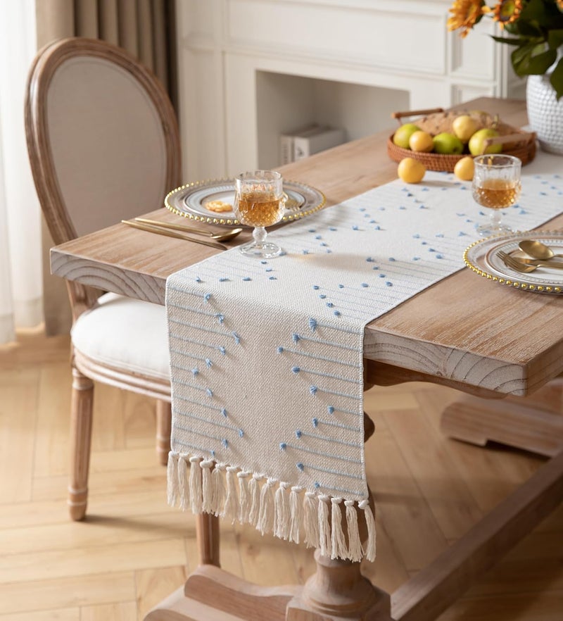 Caflife Boho Table Runner 13 x 108 Inch Long Natural Cotton Woven Runner with Tassels for Home Dining Table décor, for Modern Farmhouse Decor Coffee Table Runner, Light Blue and Beige - Image 2