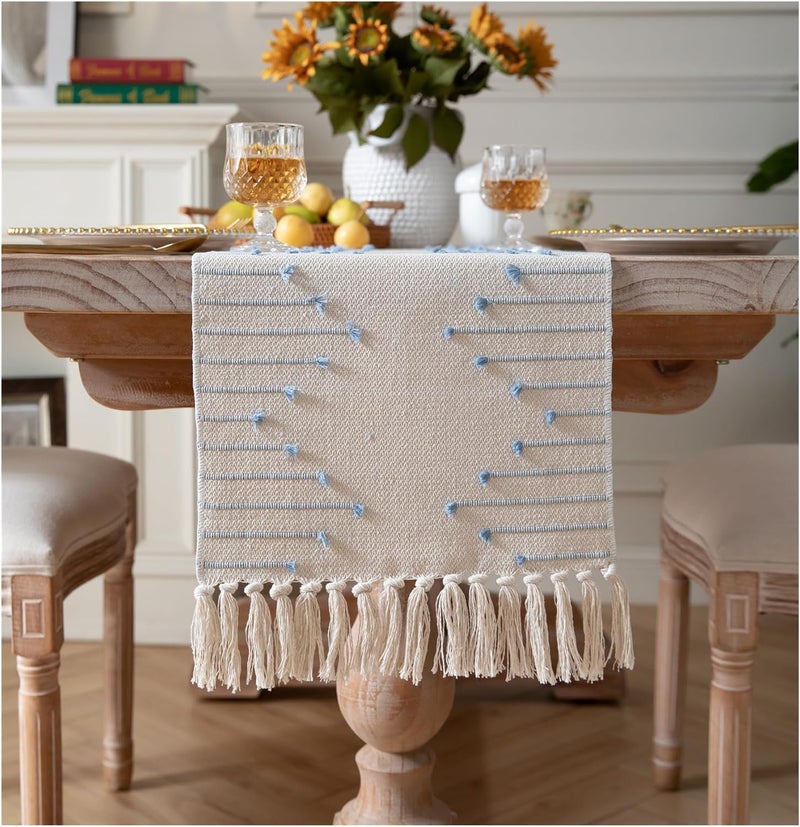 Caflife Boho Table Runner 13 x 108 Inch Long Natural Cotton Woven Runner with Tassels for Home Dining Table décor, for Modern Farmhouse Decor Coffee Table Runner, Light Blue and Beige - Image 1