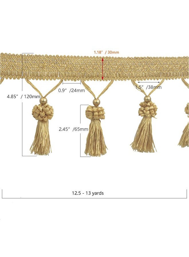 Kuasting Fringe Tassel Lace Trim 12.5 Yards Braided Hanging Beads Handwork DIY Craft Sewing Accessory Lace for Home Curtain Table Decoration (Golden) - Image 2