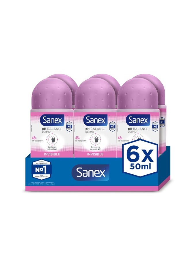 Sanex Dermo Invisible Roll-On Antiperspirant 6x50ml , antiperspirant deodorant , up to 48-hour sweat and odour protection , anti-stain protection , restores skin's natural pH , dermatologically tested - Image 1
