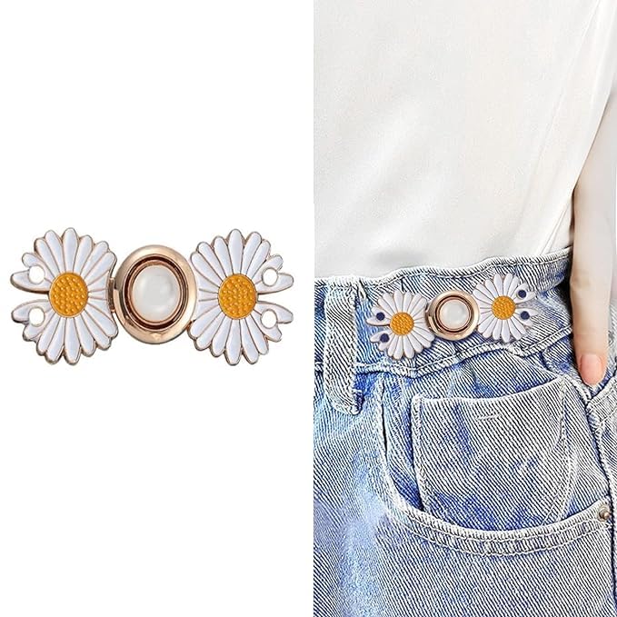 KUZUKI KUZUKI Waist Buckle for Loose Jeans Pants Jeans Adjustable Button pins Pearl Detachable Instant Button Tightener Set Waist Buckl Loose Jeans Pants Detachable Buttons Pack of 1 White Flower - Image 1