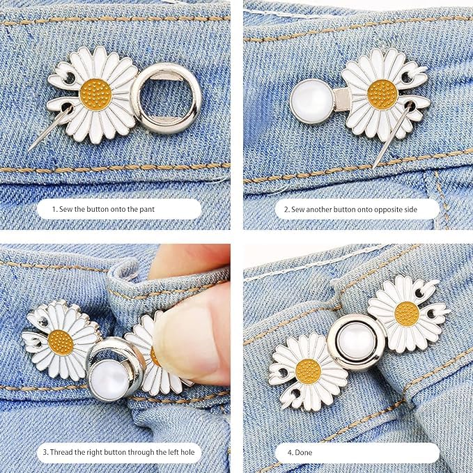 KUZUKI KUZUKI Waist Buckle for Loose Jeans Pants Jeans Adjustable Button pins Pearl Detachable Instant Button Tightener Set Waist Buckl Loose Jeans Pants Detachable Buttons Pack of 1 White Flower - Image 2