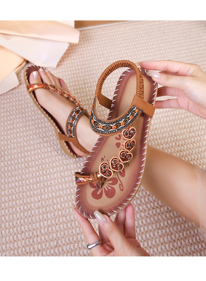 NIBEMINENT Women's Flat Summer Bohemian Sandals Vacation Ethnic Floral Heart Pattern Toe Post Going Out Flats Shoes With Back Elastic Strap - Image 2
