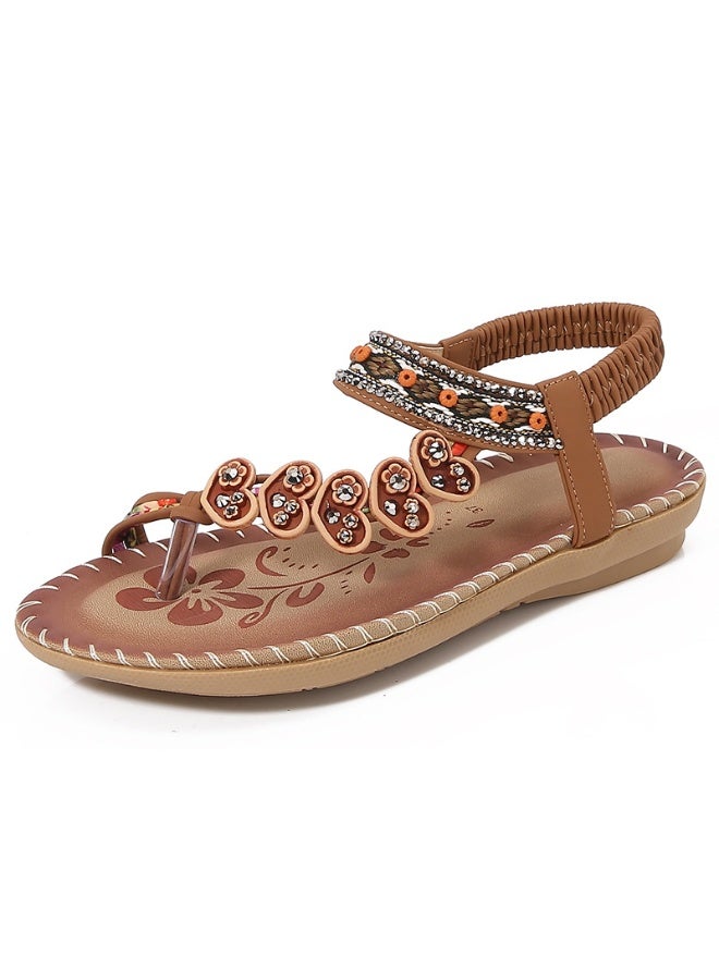 NIBEMINENT Women's Flat Summer Bohemian Sandals Vacation Ethnic Floral Heart Pattern Toe Post Going Out Flats Shoes With Back Elastic Strap - Image 1