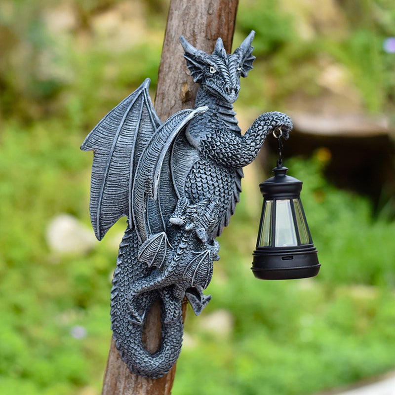 Creative Dragon Statue Wall Mount Dragon Hug Tree Solar Light for Garden Sculpture Decor - Image 1