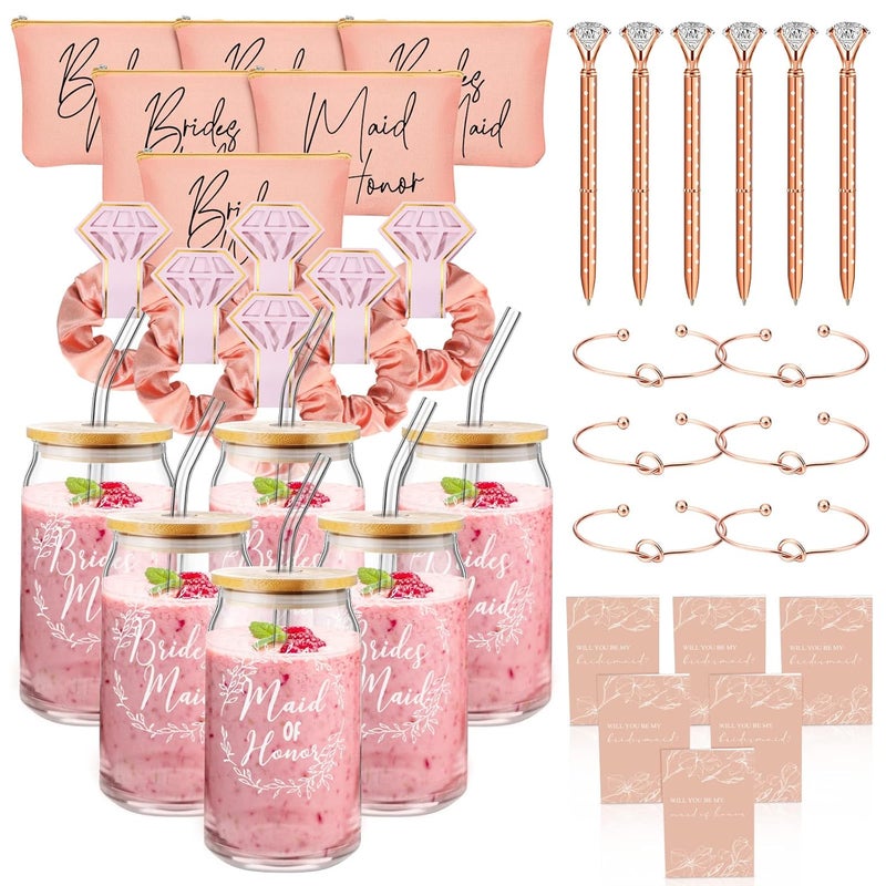 Irenare Irenare 36 Pcs Bridesmaid Proposal Gifts Bridal Shower Gifts 16 oz Glass Cup Cosmetic Makeup Bags Invited Cards Scrunchies Hair Knotted Bracelets Diamond Pens Favors for Wedding (Rose Gold)