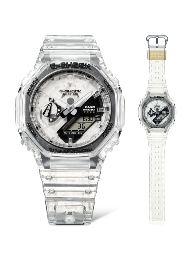 CASIO ساعة يونيسكس - جي شوك الذكرى الأربعين ريمكس الرقمية التناظرية بقرص أبيض حزام شفاف من الراتنج GA-2140RX-7ADR - Image 3