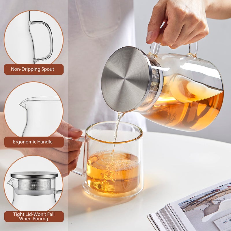 CNGLASS One-Touch Glass Teapot, 27oz(800ml) Glass Tea Kettle with Stainless Steel Filter Lid, Stovetop Safe Loose Leaf Tea Maker - Image 3