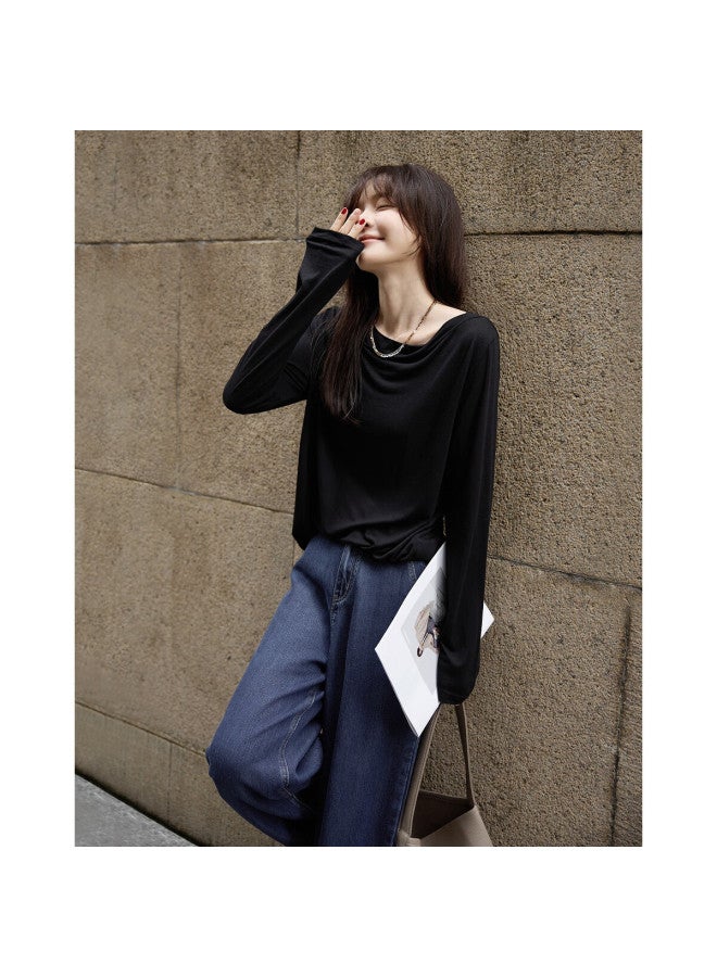 Mt Autumn Lightweight French Wide-edge Boat Collar Thin Simple Comfortable Elastic Long-sleeve Women's T-shirt - Image 1