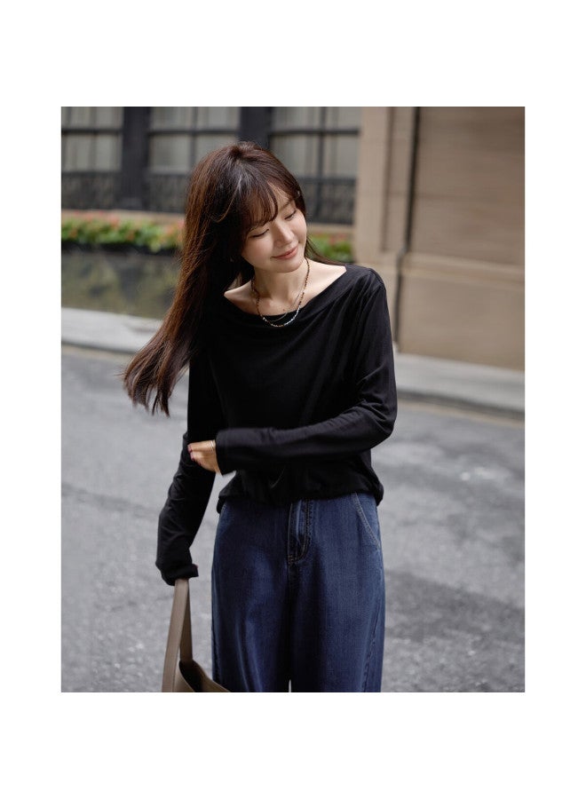 Mt Autumn Lightweight French Wide-edge Boat Collar Thin Simple Comfortable Elastic Long-sleeve Women's T-shirt - Image 2