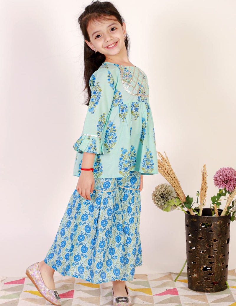 superminis Baby Girls Floral Printed Cotton Kurti Sharara Set (4-5 Years, Sky Blue) - Image 2