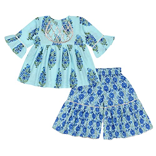 superminis Baby Girls Floral Printed Cotton Kurti Sharara Set (4-5 Years, Sky Blue) - Image 1