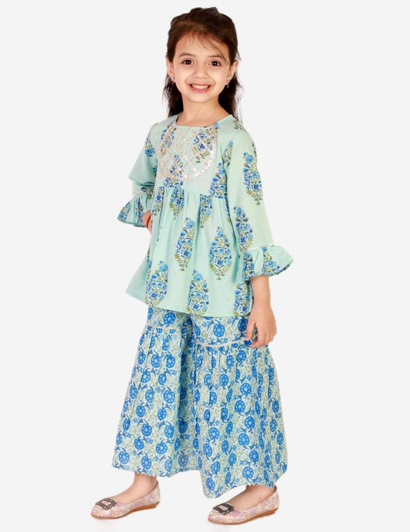 superminis Baby Girls Floral Printed Cotton Kurti Sharara Set (4-5 Years, Sky Blue) - Image 5