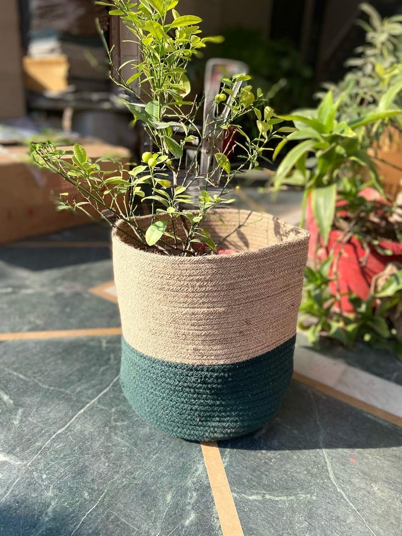 pepme pepme Home Jute Cotton Basket Planter Basket for Home MultiPurpose Storage Bag for Bathroom Living Room Laundry Toys Green 8 10 12 Inches Set of 3  - Image 2