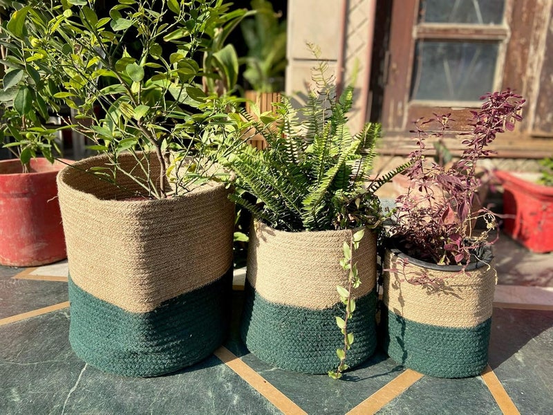 pepme pepme Home Jute Cotton Basket Planter Basket for Home MultiPurpose Storage Bag for Bathroom Living Room Laundry Toys Green 8 10 12 Inches Set of 3  - Image 1
