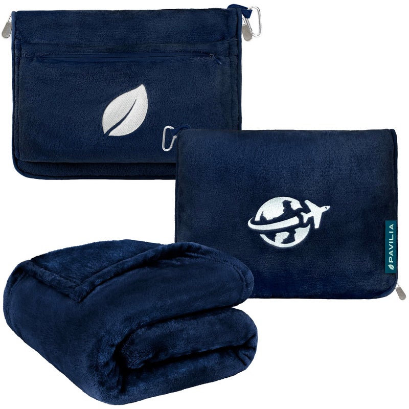 PAVILIA PAVILIA Travel Blanket and Pillow Arms Opening Airplane Blankets for Adults Compact Plane Blanket with Arm Hole 2in1 Bag for Flight Car Camping Fit in Luggage Backpack Traveler Gift Navy Blue 
