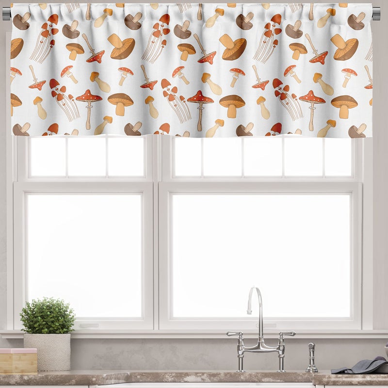 Ambesonne Autumn Valance & Tier Curtain 3 pcs Set  Colorful Mushroom Pattern Woodland Illustration Fall Season Romance  Window Treatments for Room Kitchen Decor  55"" x 24""  Warm Taupe Brown and Coral - Image 3