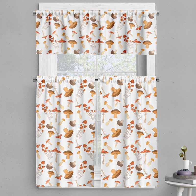 Ambesonne Autumn Valance & Tier Curtain 3 pcs Set  Colorful Mushroom Pattern Woodland Illustration Fall Season Romance  Window Treatments for Room Kitchen Decor  55"" x 24""  Warm Taupe Brown and Coral - Image 1