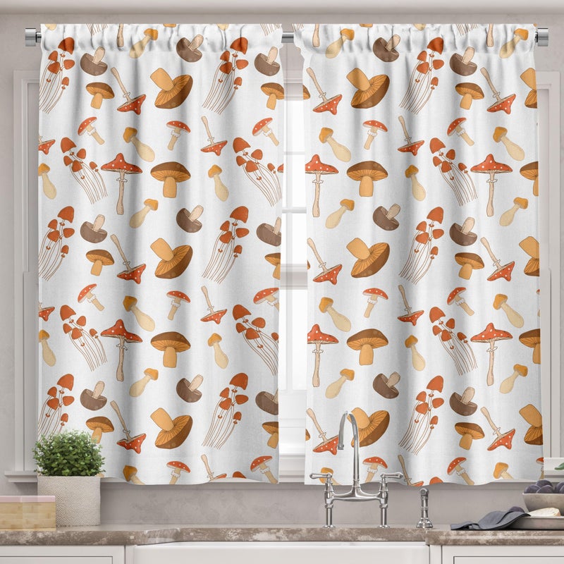 Ambesonne Autumn Valance & Tier Curtain 3 pcs Set  Colorful Mushroom Pattern Woodland Illustration Fall Season Romance  Window Treatments for Room Kitchen Decor  55"" x 24""  Warm Taupe Brown and Coral - Image 2
