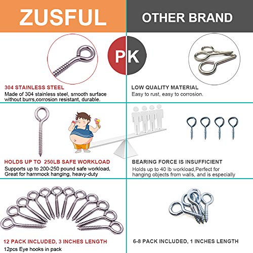 ZUSFUL 12-Pack 304 Stainless Steel Screw Eyes, Heavy Duty Screw in Eye Hooks Ring for Yoga, Swing Chair, Indoor & Outdoor, Self Tapping, 3.2" - Image 2