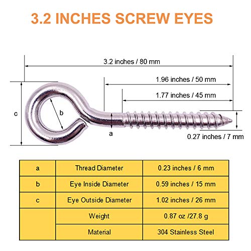 ZUSFUL 12-Pack 304 Stainless Steel Screw Eyes, Heavy Duty Screw in Eye Hooks Ring for Yoga, Swing Chair, Indoor & Outdoor, Self Tapping, 3.2" - Image 5