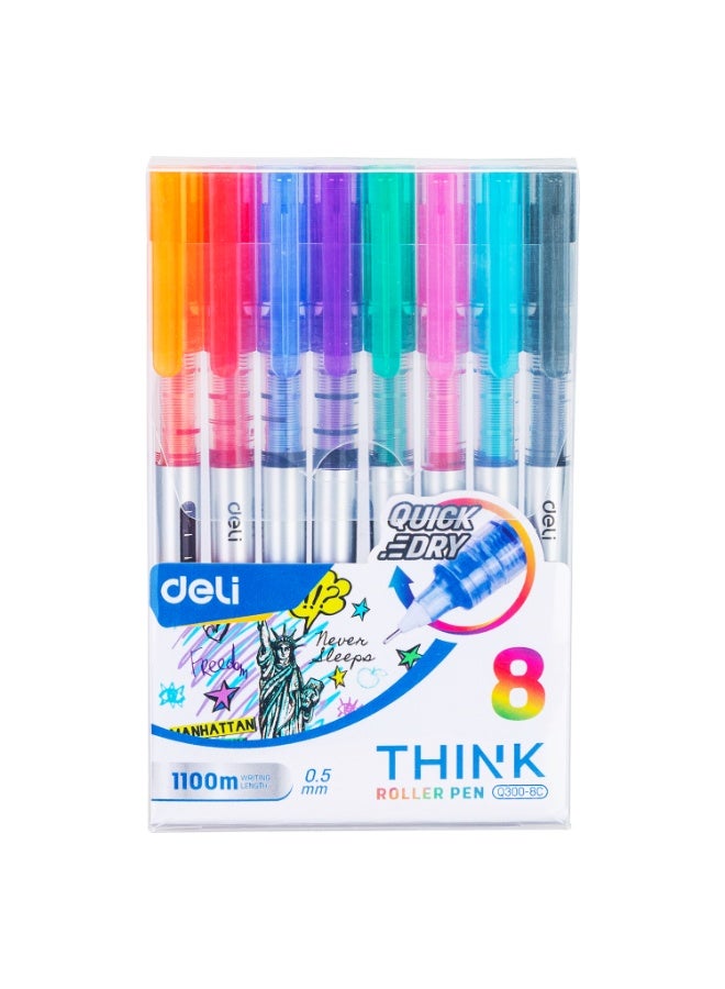 Deli EQ300-8C Roller Pen Set 0.5mm Needle Tip â€“ 8 Assorted Colors, Quick-Dry Ink, Smooth Writing for School & Office - Image 3