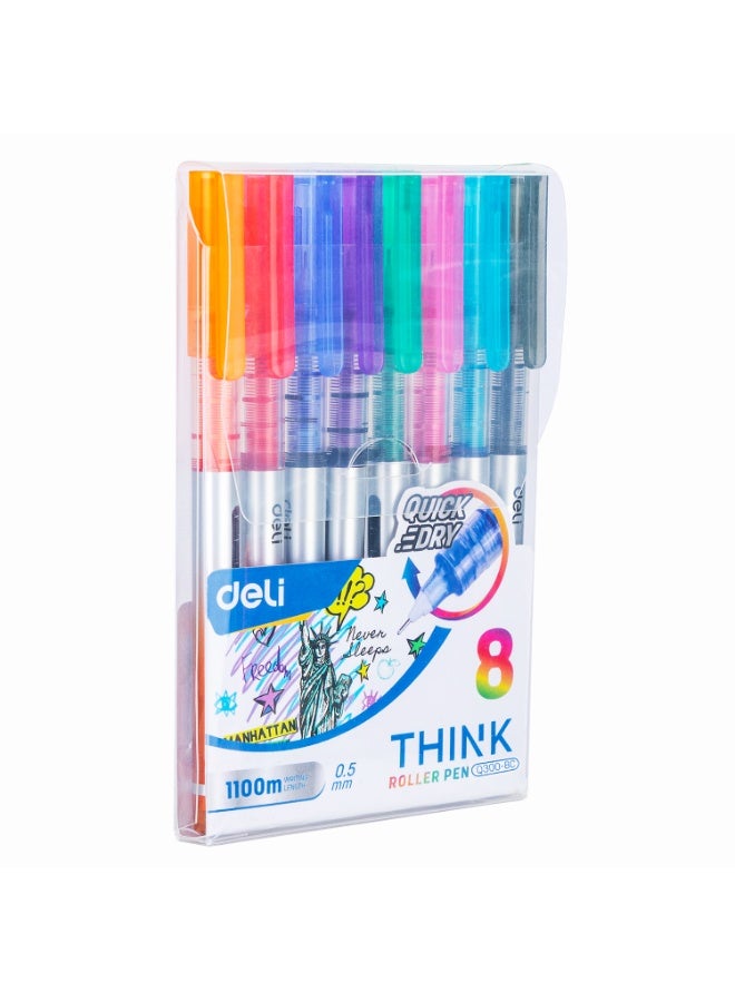 Deli EQ300-8C Roller Pen Set 0.5mm Needle Tip â€“ 8 Assorted Colors, Quick-Dry Ink, Smooth Writing for School & Office - Image 4