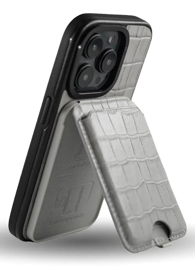 A-CASE Card Holder, KESEM series Magnetic compatible Genuine Leather Card Holder with Stand for Smart Phone - GRAY - Image 2