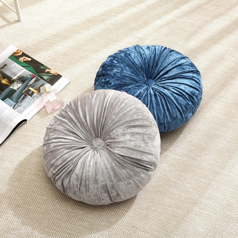Verpert Pack 2：Round Floor Cushions Pillow, Solid Color Velvet Meditation Cushion Pumpkin Pleated Meditation Pillow for Home Sofa Bed Car Decor Floor Pillow Cushion Gray - Image 5