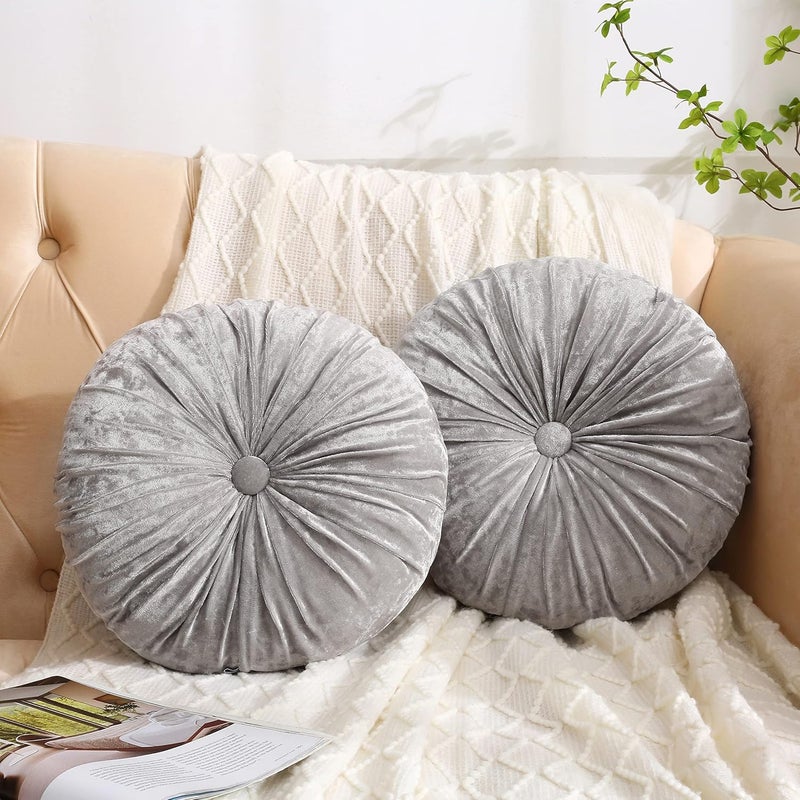 Verpert Pack 2：Round Floor Cushions Pillow, Solid Color Velvet Meditation Cushion Pumpkin Pleated Meditation Pillow for Home Sofa Bed Car Decor Floor Pillow Cushion Gray - Image 2