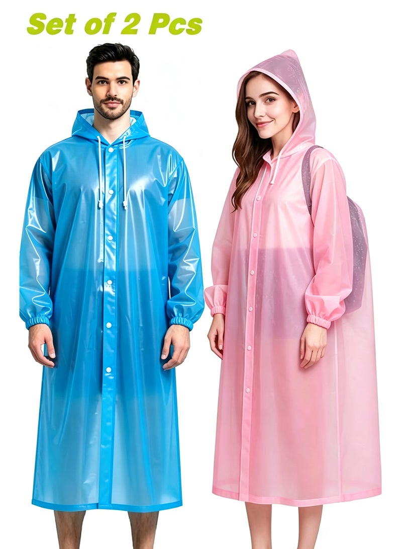 TDAO 2 Pack Outdoors Heavy Raincoats, Rain Poncho for Adults, Adult Raincoat, Rain Poncho, Portable EVA Raincoat with Hood Reusable Rain Coats Emergency Camping Survival Kits, Waterproof with Hoods and Sleeves Lightweight Rain Jacket for Women Men, Sports, Outdoor Travel, and Other Occasions Regular Size, Blue/Pink - Image 1
