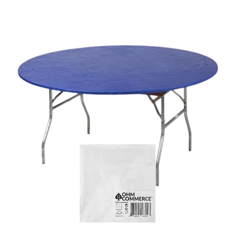 KwikCovers 60 Round Royal Blue Plastic Table Covers Bundle of 5 with Seventy 70 Ohm Commerce Paper Napkins Indoor or Outdoor Fitted Table Covers Table NOT Included