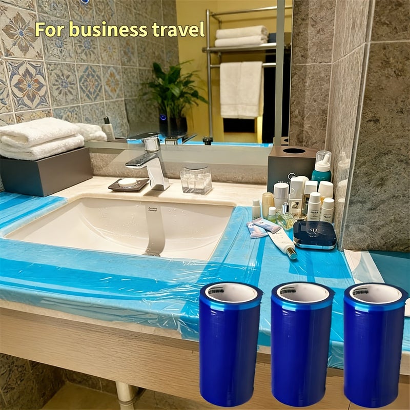 2 Rolls Blue Plastic Isolation Film Non Stick Shower Divider With Breakpoint Tear Off Holes Easy Peel Stick Installation Partition For Hotels Restrooms Bathtubs - Image 4