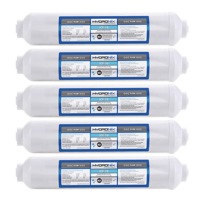 Hydronix Hydronix 5 Pack ICF10 Reverse Osmosis Post Polishing Fridge  Ice Inline Coconut GAC Water Filter 2000 Gal 14 NPT 