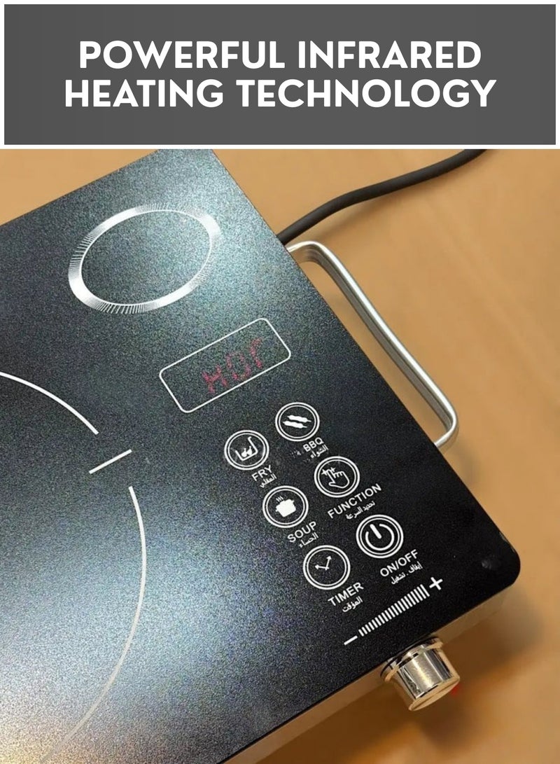 موقد كهربائي بالأشعة تحت الحمراء بقوة 3500 واط، موقد محمول عالي الطاقة يعمل بالأشعة تحت الحمراء مع شاشة LED رقمية، تحكم باللمس ومؤقت، موقد كهربائي بلوح زجاجي قابل لتعديل الحرارة لطهي سريع - للاستخدام المنزلي والتجاري - Image 4