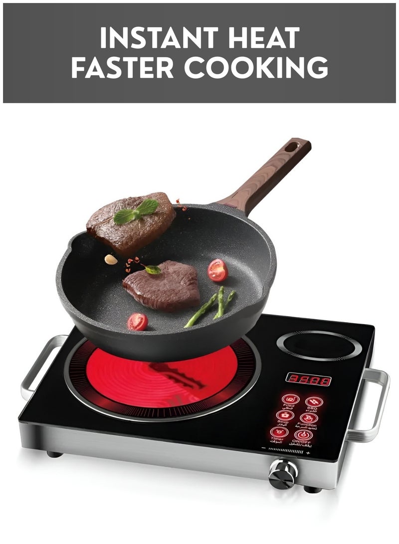 موقد كهربائي بالأشعة تحت الحمراء بقوة 3500 واط، موقد محمول عالي الطاقة يعمل بالأشعة تحت الحمراء مع شاشة LED رقمية، تحكم باللمس ومؤقت، موقد كهربائي بلوح زجاجي قابل لتعديل الحرارة لطهي سريع - للاستخدام المنزلي والتجاري - Image 5