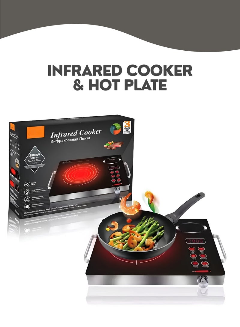 موقد كهربائي بالأشعة تحت الحمراء بقوة 3500 واط، موقد محمول عالي الطاقة يعمل بالأشعة تحت الحمراء مع شاشة LED رقمية، تحكم باللمس ومؤقت، موقد كهربائي بلوح زجاجي قابل لتعديل الحرارة لطهي سريع - للاستخدام المنزلي والتجاري - Image 1