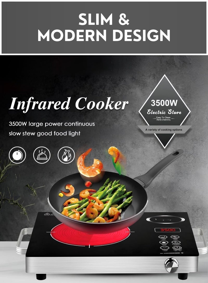 موقد كهربائي بالأشعة تحت الحمراء بقوة 3500 واط، موقد محمول عالي الطاقة يعمل بالأشعة تحت الحمراء مع شاشة LED رقمية، تحكم باللمس ومؤقت، موقد كهربائي بلوح زجاجي قابل لتعديل الحرارة لطهي سريع - للاستخدام المنزلي والتجاري - Image 2