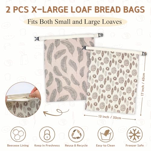 BYTTME 2 Pack Beeswax Bread Bags for Homemade Bread with Zipper, Large 13x17'' Reusable Beeswax Sourdough Bread Storage Bag, Keep Loaves Fresh Longer, Freezer Safe & Airtight, Natural, Zero Waste - Image 3